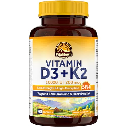 Vitalitown Vitamin D3 K2 Supplement, Vitamin D3 10000 IU Vitamin K2 (MK7) 200 mcg, 90 Softgels, Non-GMO, No Gluten & Soy, for Bone, Teeth, Immune & Heart Health