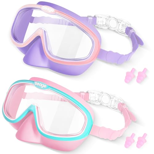 Seago Kids Swim Goggles 2 Pack for 3-12, Anti-Fog UV Protection Clear Wide View No Leaking, Pool Water Toddler Goggles with Nose Cover Swimming Goggles for Kids 6-14 3-5 3-6 4-7 8-12 8-14 Boys Girls