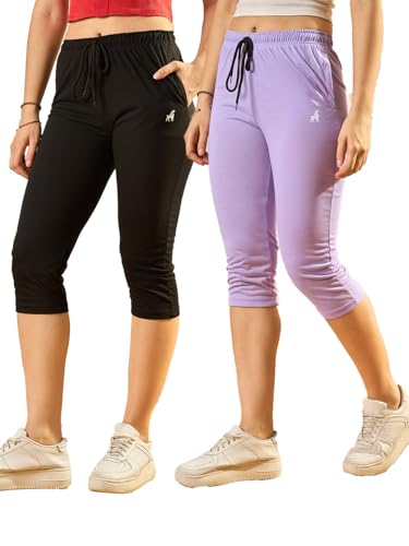 Modeve ® Women Solid Black and Lavender Cotton Blend Pack of 2 Capri (Medium)