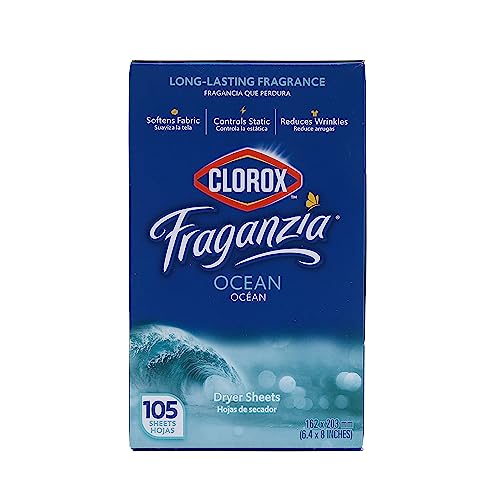 Clorox Fraganzia Fabric Softener Dryer Sheets Wrinkle Reducing Anti Static Laundry Dryer Sheets Great Smelling Clothes Softens Fabrics Fresh Ocean Scent 105 Count Single Box Home Dorm Laundry Room