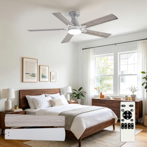 Image of Depuley Modern Ceiling Fan with Light: 42-Inch Nickel Flush Mount Fandelier | Bedroom Indoor Outdoor Use, 5 Reversible Wood Blades, 6 Fan Speeds, Timing Function, Dimmable 3CCT, Remote Control Included