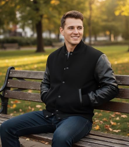 Image of Mens Varsity Letterman Baseball Bomber Jacket | Casual Fashion Wool & Faux Leather College /High School Jackets