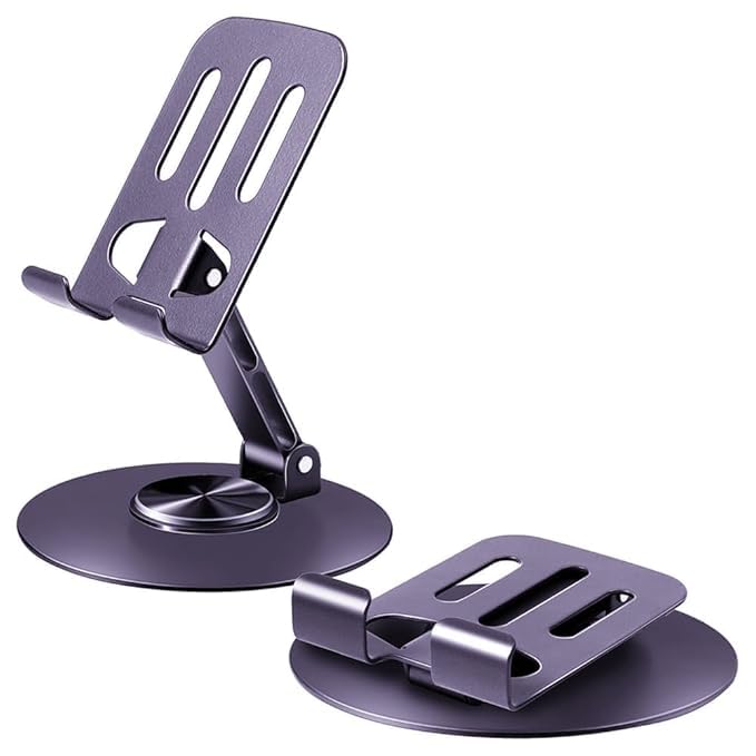 Image of WALLVIEW TECH Aluminium Stand Portable Desktop Phone Stand 360 Rotatable and Foldable Cell Phone Holder Metal Base for Table & Bed Compatible with All Smartphones & Tablets Desk-Purple