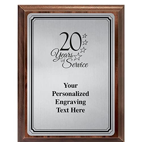 Crown Awards 20 Years of Service Plaque Award, 7x9 Personalized Silver Work Anniversary Employee Appreciation Metal Trophy On Walnut Wood Plaque with Custom Engraving