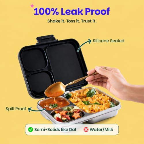 Image of Basil Bento Ace 3C Stainless Steel Lunch Box for Kids | 3 Compartment Leakproof Tiffin Box for Teens & Adults | BPA-Free, Easy-to-Open School Lunch Box | Classic Black