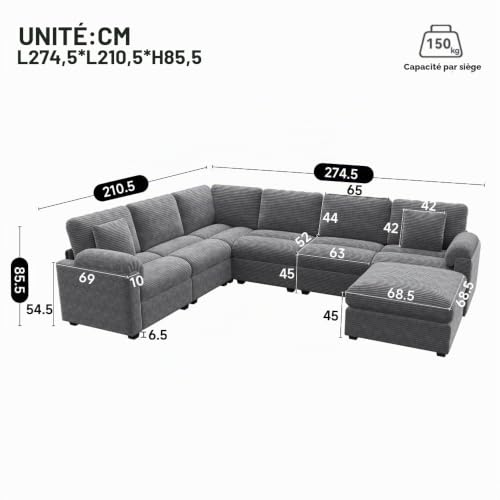 Canapé angle modulable velours côtelé XXL Sapgaks