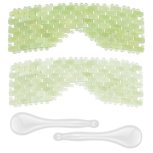 LazyGa 4 Pcs Jade Eye Mask & Skin-Safe Glass Facial Massage Tool, Jade Cooling Mask & Gua Sha Therapy Roller for Skincare Relieve Puffiness, Anti-Aging, Stress Relief