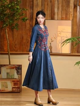 GHAKKE Women Exquisitely Embroidered Vintage Denim Long Dress Elegant  V-Neck Slim Fit Big Swing Jean Dress 2023 Autumn Winter (Color : Blue, Size  : 4XL): Buy Online at Best Price in UAE -