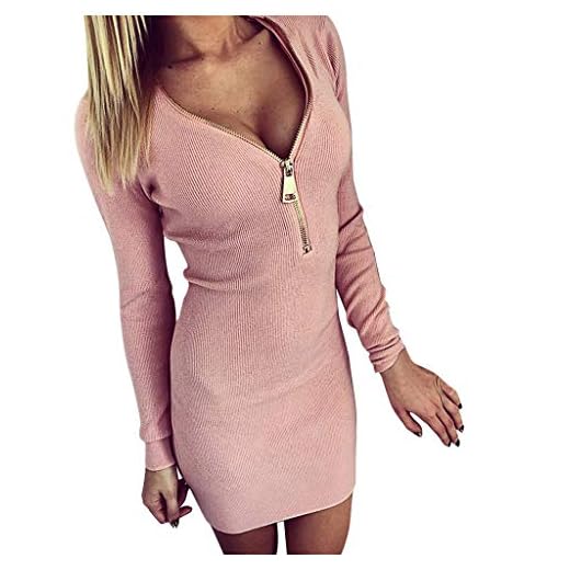 OverDose mujer De Manga Larga O Cuello Hollow Lace Nuevo Club Sexy Pink Slim Party Vestido De Noche (L, Rosado)