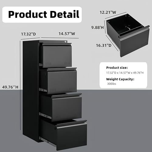 Image of Guizeeopo Metal File Cabinet with Lock, Vertical 4 Drawer File Cabinets for Home Office, Heavy Duty Office Storage Cabinet for A4 /Letter /Legal Size, Assembly Required(Black)