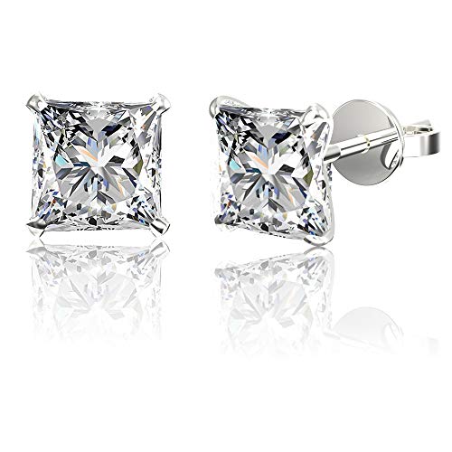 .925 Sterling Silver Hypoallergenic Cubic Zirconia Princess-Cut Stud Earrings, 6mm