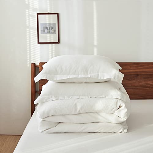 Simple&Opulence 100% Linen Duvet Cover Set With Washed-French Flax-3 Pieces Solid Color Basic Style Bedding Set-Breathable Soft Comforter Cover With 2 Pillowshams(King,White) #TOP7