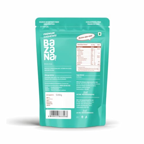 Image of Bazana Premium Whole Cashews, 500g | W320 Grade Kaju | Rich in Protein, Fiber & Healthy Fats | Healthy Nuts & Dry Fruits Snack for Daily Nutrition