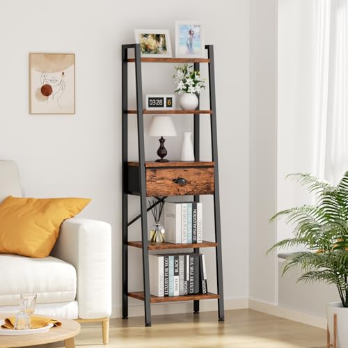 Furologee 5 Tier Ladder Shelf With Drawer, Tall Bookshelf Storage Shelves, Bookcase Standing Shelf Units, Industrial Open Display Shelves Organizer For Bedroom thumb #1