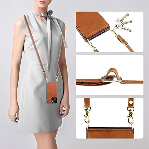 Bocasal Crossbody Wallet Case for iPhone 13 with RFID Blocking Card Slot Holder, Magnetic Flip Folio Purse Case, PU Leather Zipper Handbag with Detachable Lanyard Strap 6.1 Inch 5G (Brown)