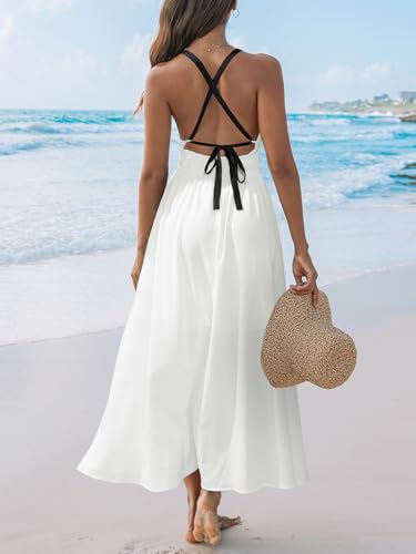 Image of CUPSHE Women 2026 Summer Beach Maxi Dress Plunge V Backless Cami Strape Smocked Waist Sun Dress Long Wedding Guest Dress