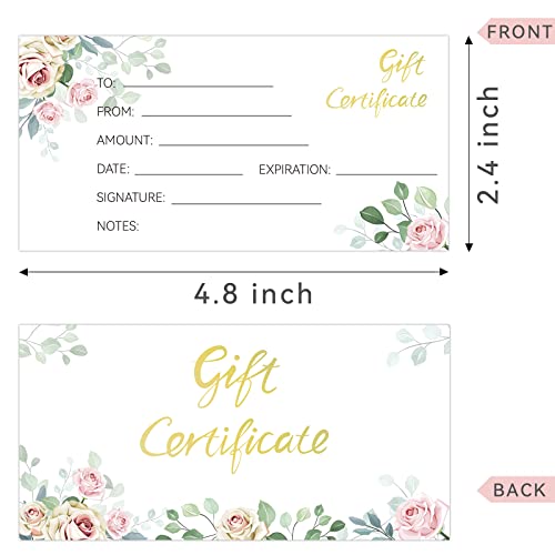 50 Pieces Blank Gift Certificate with Envelope Gold Foil Floral for Business,Voucher for Salon, Spa, Restaurant,Weddings, Birthdays, and Christmas,4.8x2.4 Inch