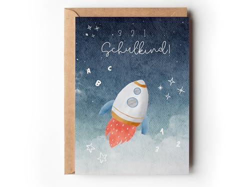 Glückwunschkarte Einschulung Junge Rakete Aquarell Weltraum Grußkarte Schulanfang 3 2 1 Schulkind Klappkarte Schuleinführung Karte 1.Schultag Mädchen mit Umschlag (1 Karte mit Umschlag)