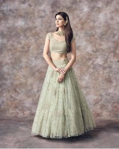 Image of JIHU CULTURE Pista Green Soft Net Embroidery Work Semi Sttiched Lehenga Choli Set For Women