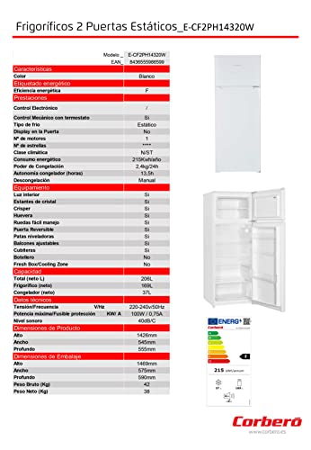 Corbero-E-CF2PH14320W-Frigorifico-2-Puertas-Estatico-Dimen-143-X-55-Capacidad-206L-Tirador-Integrado-Puertas-Reversibles-40-dBA-Cajones-Crisper-baldas-de-cristal-Eficiencia-Energetica-F
