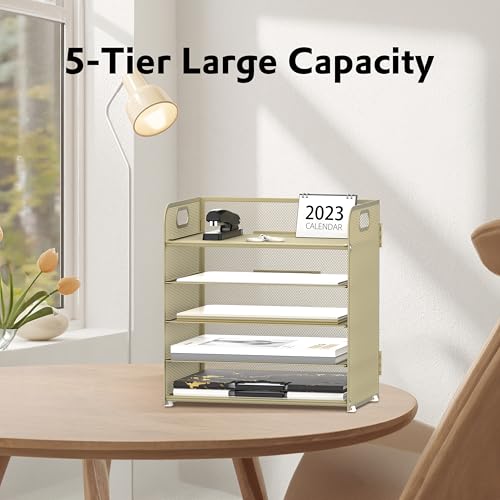 Image of Supeasy 5 Trays Paper Organizer Letter Tray with Handle-Mesh Desk File Organizer,Pink Paper Sorter Desk Organizer for Office, Home or School (Gold Yellow)