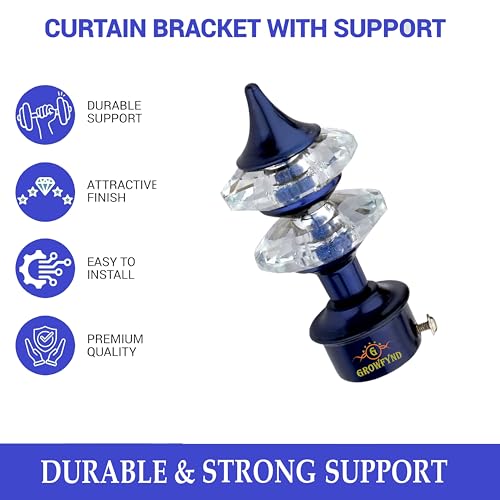 Image of Aluminium Single & Double Diamond Curtain Brackets Parda Holders with SS Support Fittings 1 Inch Rod Pocket Finials Designer Door and Window (Pack of 1 Pair, Blue)