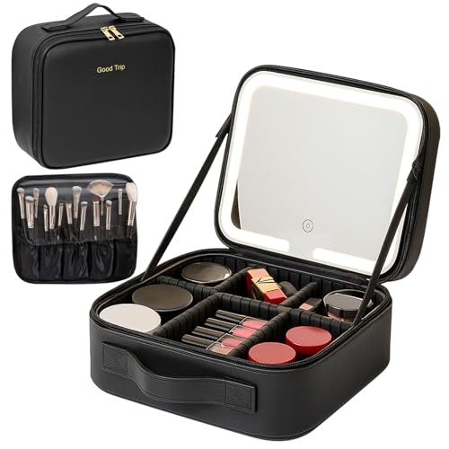 Travel Makeup Bag with LED Mirror 3 Light Modes Light Up Vanity Case Portable Cosmetic Organiser Bag with Adjustable Dividers & Makeup Brush Slot Professional Make Up Storage Box Black