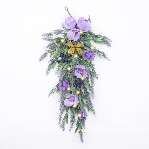 Valery Madelyn Pre-Lit Spring Flower Teardrop Swag with Lights, 24 inch Summer Lavender Teardrop Wreath for Front Door Wall Window Indoor Outdoor Stair Shelf Home Decor