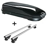 PERFEKT ABGESTIMMT - Das Set besteht aus einer schwarz glänzenden Skibox (580 Liter) mit den Außenmaßen: 190 x 95 x 44 cm (L x B x H), sowie einem Dach/Relingträger passend für Ihr Fahrzeug. Die Skibox ist geeignet für Skier bis zu einer Länge von 180cm.