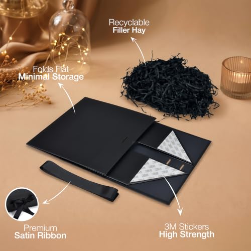Image of RBS - Black Gift Box with Filler 23x16x10cm Empty Hamper Box for Gifting Holds Upto 5kg Sturdy Cardboard Gift Boxes 25g Decorative Shredded Paper Birthday, Christmas, Diwali Packing (Black Filler)