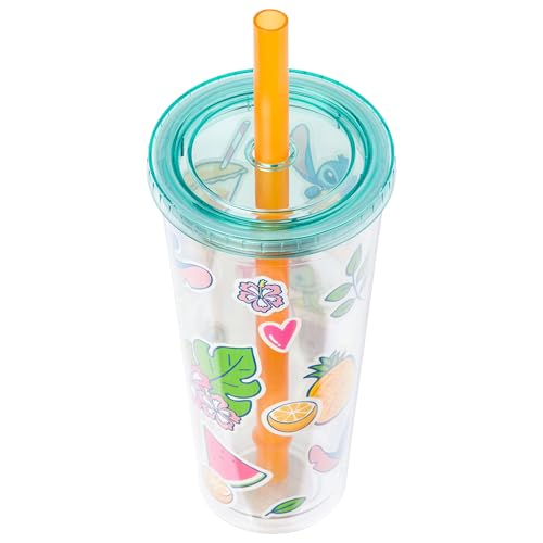 Image of Silver Buffalo Disney Lilo and Stitch Cute Decals Featuring Scrump Plastic Boba Tumbler with Lid and Straw, 24 Ounces