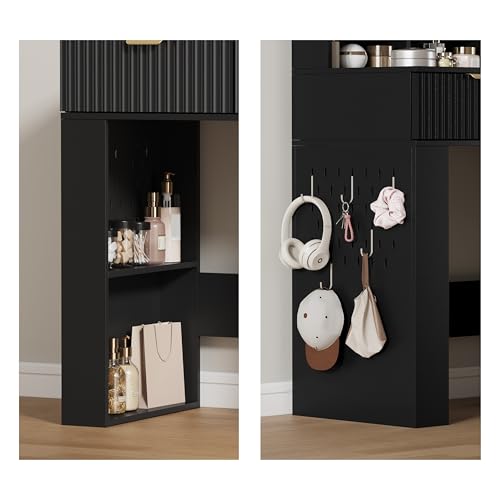 Image of Makeup Vanity Desk with Mirror and Lights, 57 inch Fluted Vanity Dresser Combo & Storage Shelves, Vanity Mirror with Mirror and Lights with 8 Drawers, 3 Color Modes, Dressing Table Set for Girls, Black