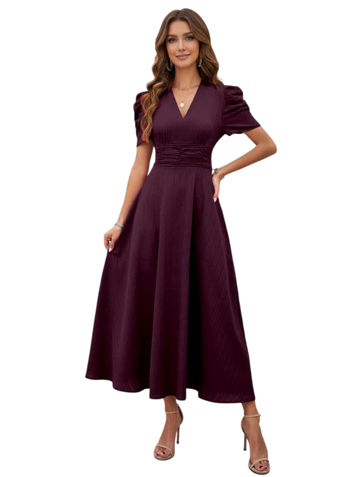 Image of Women's Solid Color V-Neck A-Line Maxi Stylish One Piece Long Midi Dress Party Outfit | Waist Cinched Puff Sleeve Elegant Casual Dresses for Women