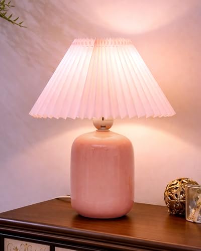 Image of Homesake Modern Small Ceramic Table Lamp, Classic Bedside Desk lamp for Living Room Bedroom, Farmhouse Nightstand Lamps Side Table Lamp Kids Room Glossy Dovel, Pink Pleated Shade
