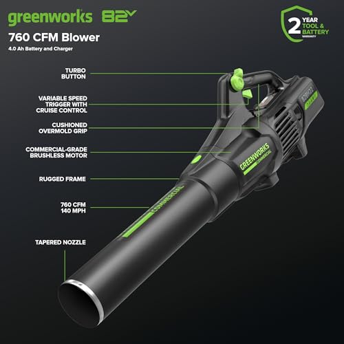 Image of Greenworks 82V Brushless (760 CFM / 140 MPH) Cordless Leaf Blower, 4.0Ah Battery and Dual Port Charger (Great for Landscapers and Professionals)