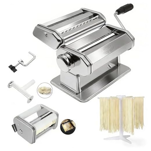 MZTOGR Pasta Maker Machine, Set of 6 Piece 150mm Steel Noodle Maker Machine with 9 Adjustable Thickness Settings, Includes Ravioli Maker Attachment, Pasta Drying Rack