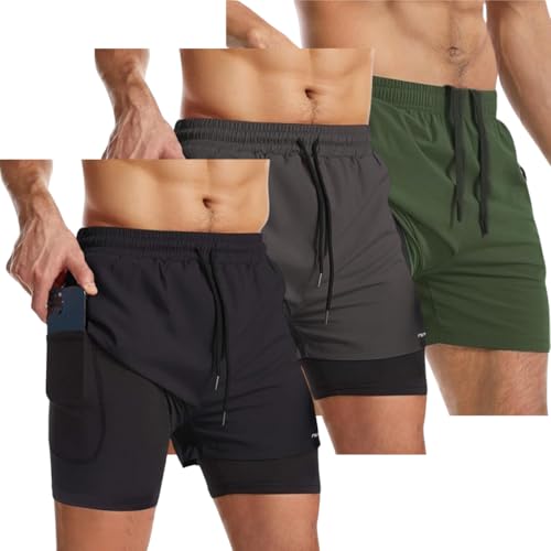 Kit 3 Bermuda Shorts 2 Em 1 Masculino Academia Dryfit Treino (BR, Alfa, G, Regular, Regular, Preto/Chumbo/Musgo)