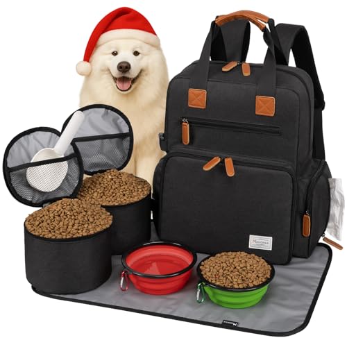 Modoker Hunde-Reisetasche, von Fluggesellschaften zugelassener Rucksack für Haustierzubehör Organizer, Tote Wochenendtasche mit 2 Hundefutter-Aufbewahrungsbehältern, 1 Haustiermatte, Schwarz