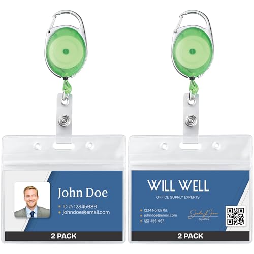 Will Well Durable ID Badge Holder Retractable 2 Pack - Horizontal - Green