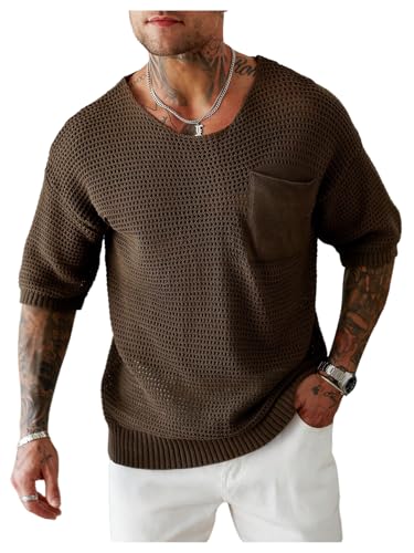 Verdusa Men's Short Sleeve Crochet Lightweight Sweaters Summer Pullover Knit Tops with Pockets Loose Fit