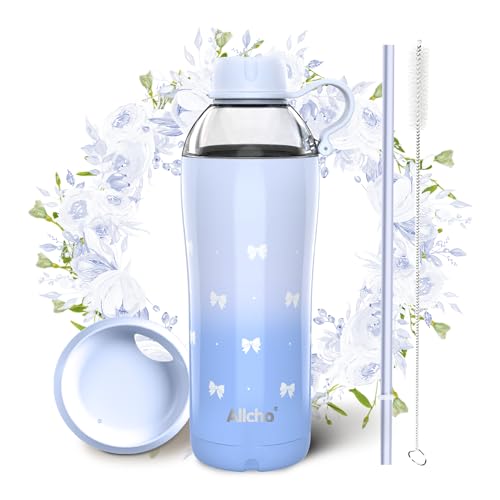 Image of Bow Insulated Water Bottle for Women, 18 oz Stainless Steel Water Bottles, Double Walled, 2 Lids (Chug & Tumbler) - Hydrate & Caffeinate, Available Gift Wrapping