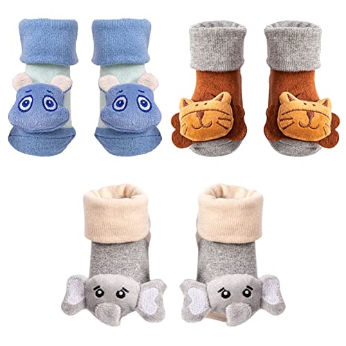 FedMois 3er Pack Rasselsocken rutschfestes Babysöckchen mit Rassel, Nilpferd, Löwe und Elefant, 6-12 Monate