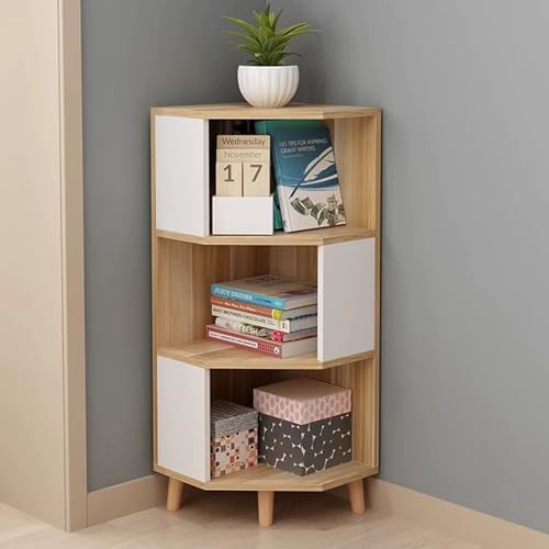 Snaweo Estantería esquinera de 3 Niveles, con Base en L, Alta, Estante esquinero, para Dormitorio, Sala de Estar, hogar y Oficina.(White+Wood,50x50x112cm)