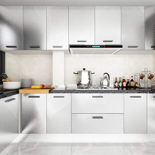 Image of SIA VENDORS Kitchen Waterproof Oil Proof Aluminum Foil Sticker, Silver Chequer Peel and Stick Wallpaper Removable and Self Adhesive Paper for Kitchen Countertops Cabinet (3D Silver, 24 x 100 Inch)