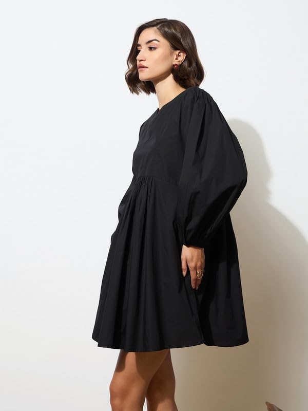 Image of barcino Black Poplin Puff Sleeves Gathered Loose Dress