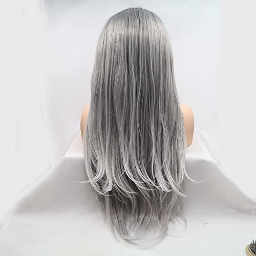 Xiweiya 13 * 3 Lace Wigs Platinum Grey Synthetic Lace Front Wig Blonde White Hair Tips Long Natural Straight Wig for Fashion Women Wear Heat Resistant Fiber Natural Hairline Halloween Cosplay Wigs - Image 4
