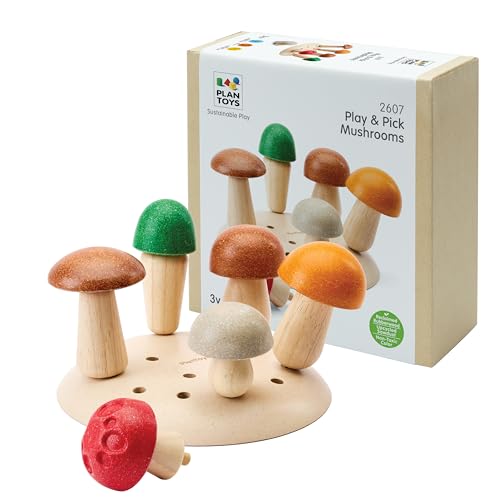 Image of PlanToys Wooden Play & Pick Mushrooms Toy Kids Garden Learning Playset | wooden mushroom play pick set, montessori imaginative sensory, fine motor coordination, color sorting, garden pretend, kids