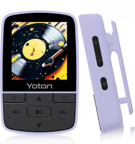 Yoton MP3 Player with Bluetooth 5.2, Expandable to 64GB, Mini Size, HiFi Music, with Sports Clip, Independent Volume Control, FM Radio, Includes Headphones (Purple)