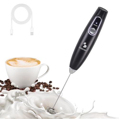 BEPER P102SBA009 Espumador de leche eléctrico recargable, batidor de acero inoxidable extraíble, USB incluido, batería de 40 minutos de duración, ideal para leche, matcha, chocolate y capuchino.