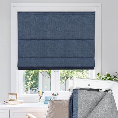 UrMoon No Drill No Tools Roman Shades for Windows, Cordless Fabric Roman Windows Blinds for Home, Easy to Install, Blackout Dark Blue, 29 1/4